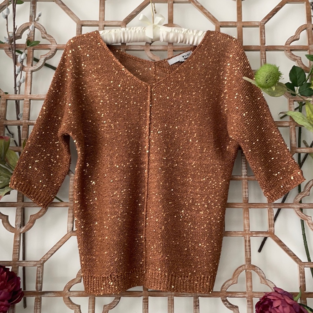 Bronze knit top with gold sequins